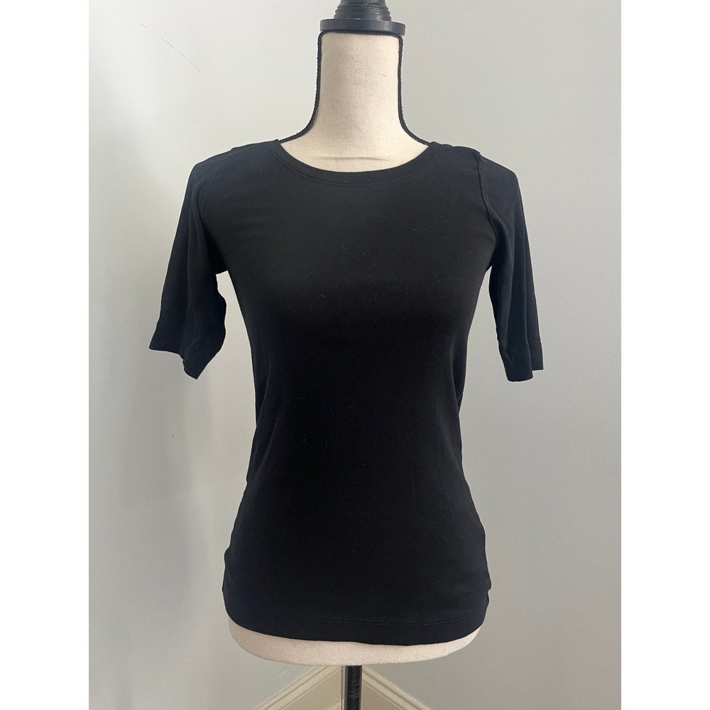 Black Micro Ribbed Tee XS Half Sleeve Crewneck Cotton Slim Fit Casual Everyday